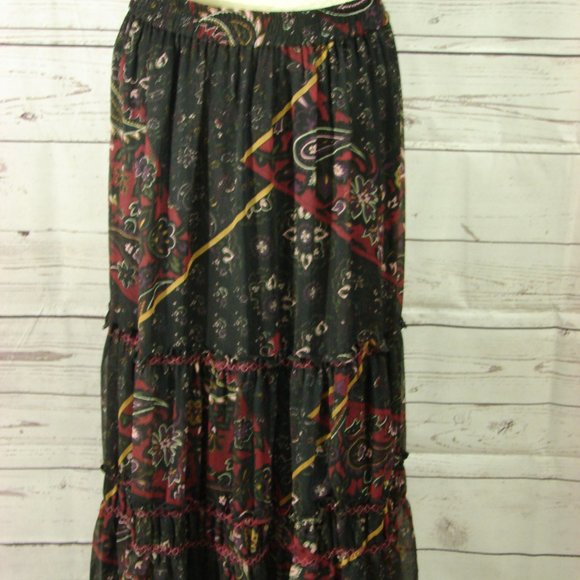 Black Deep Red Yellow Floral Flowing Layered Skirt - Picture 2 of 16